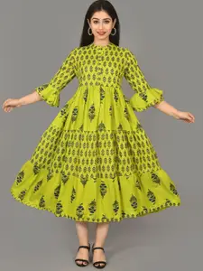 KALINI Ethnic Motifs Printed Mandarin Collar Bell Sleeves A-Line Ethnic Dress