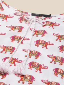 SHOWOFF Animal Printed Tie-Up Neck Straight Kurta