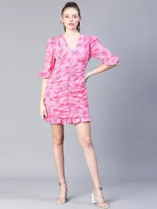 Oxolloxo Abstract Printed V-Neck Puff Sleeves Gathered Casual Sheath Dress