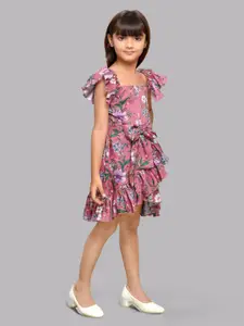 Pink Chick Girls Floral Printed Flutter Sleeve A Line Dress