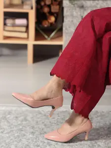 DressBerry Nude-Coloured Pointed Toe Textured Kitten Pumps