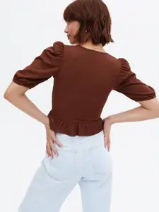 SIGHTBOMB Ruched Puff Sleeves Cotton Crop Top