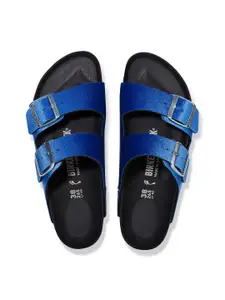 Birkenstock Arizona Rivet Logo Velvet Brillant Blue Narrow Width Velvet Two-Strap Sandals