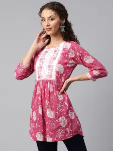 Readiprint Floral Printed Thread Work Pure Cotton Pleated Kurti