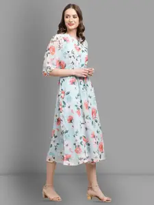 Fabflee Floral Print Georgette Fit & Flare Midi Dress