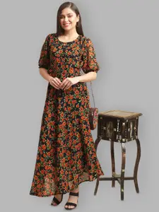Fabflee Orange Floral Print Georgette Maxi Dress