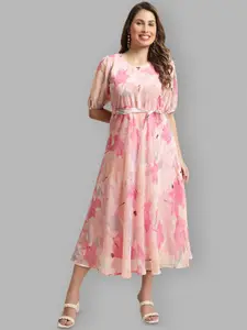Fabflee Pink Floral Print Georgette A-Line Midi Dress