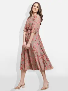Fabflee Brown Floral Print Georgette A-Line Midi Dress