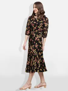 Fabflee Black Floral Print Puff Sleeve Georgette A-Line Midi Dress