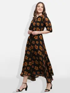 Fabflee Black Floral Print Puff Sleeve Georgette Maxi Dress