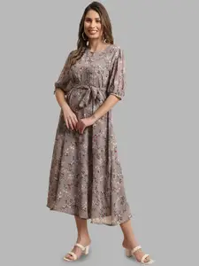Fabflee Ethnic Motifs Print Georgette Fit and Flare Midi Dress