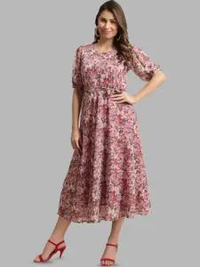 Fabflee Keyhole Neck Floral Printed Puff Sleeve  A-Line Midi Dress With A Belt