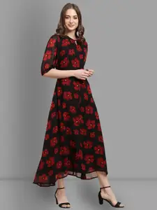 Fabflee Floral Print Georgette A-Line Midi Dress