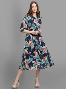 Fabflee Keyhole Neck Floral Printed Puff Sleeve  A-Line Midi Dress With A Belt