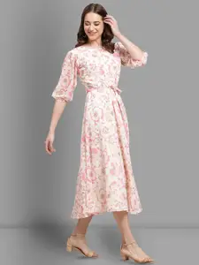 Fabflee Keyhole Neck Floral Printed Puff Sleeve  A-Line Midi Dress With A Belt