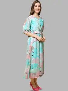 Fabflee Floral Printed Puff Sleeve Fit & Flare Midi Dress