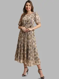Fabflee Floral Printed Puff Sleeve Fit & Flare Midi Dress