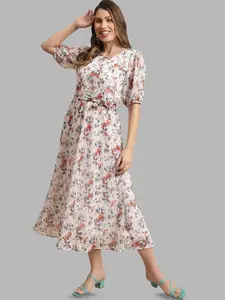 Fabflee Keyhole Neck Floral Printed Puff Sleeve  A-Line Midi Dress With A Belt