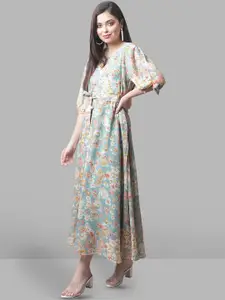 Fabflee Floral Printed Puff Sleeve Fit & Flare Maxi Dress