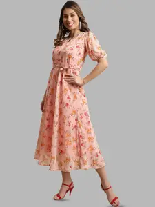 Fabflee Floral Printed Puff Sleeve Fit & Flare Midi Dress