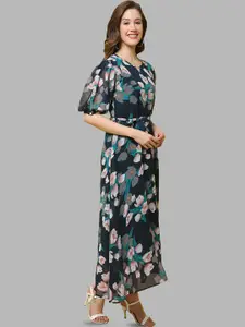 Fabflee Floral Printed Puff Sleeve Fit & Flare maxi Dress