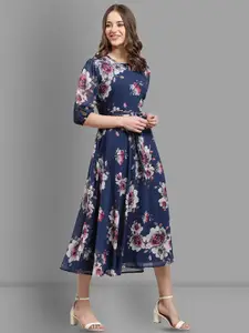 Fabflee Floral Printed Georgette Fit & Flare Midi Dress