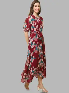 Fabflee Floral Printed Puff Sleeve Fit & Flare Maxi Dress