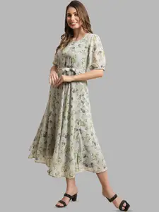 BAESD Keyhole Neck Floral Printed Puff Sleeve  A-Line Midi Dress With A Belt