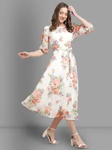 BAESD Floral Printed Puff Sleeves Tie-Ups Fit & Flare Midi Dress
