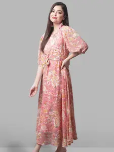 BAESD Keyhole Neck Floral Printed Puff Sleeve  A-Line Midi Dress With A Belt