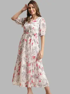 BAESD Floral Print Georgette A-Line Midi Dress