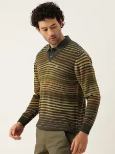 Monte Carlo Men Olive Green Striped Woollen Pullover