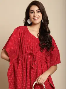 Secret Wish Polka Dots Printed V-Neck Pure Cotton Maxi Kaftan Nightdress