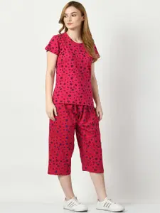 BAESD Printed Pure Cotton T-Shirt & Capri Night Suit Set