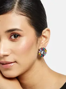 ATIBELLE Set of 2 Silver Plated Kundan Stone Studded & Floral Studs Earrings