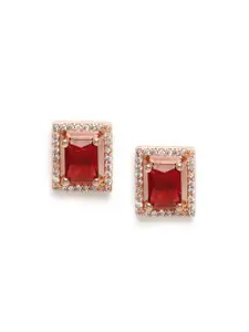 Estele Rose Gold Plated CZ Square Shaped Pendant Set with Tourmaline Pink Stones