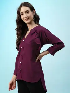 Sangria Mandarin Collar Cuffed Sleeves Ruffled Shirt Style Top