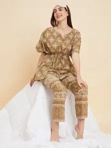 Sweet Dreams Brown & White Ethnic Motifs Printed Pure Cotton Night suit