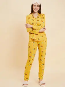 Sweet Dreams Mustard & Brown Conversational Printed Pure Cotton Night suit