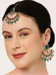 OOMPH Kundan Studded & Beaded Meenakari Maang Tika & Earrings