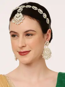 OOMPH Kundan Studded & Beaded Maang Tika & Earrings
