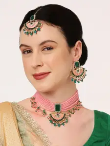 OOMPH Kundan Studded & Beaded Meenakari Necklace & Earrings With Maang Tika