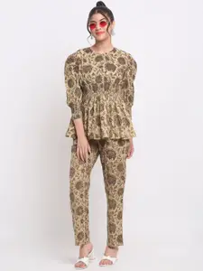 KALINI Floral Printed Pure Cotton Top With Trouser Co-Ords