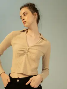 DeFacto Striped Polo Collar Crop T-shirt