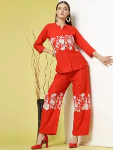 ATRAENTA Floral Printed Mandarin Collar Pure Cotton Top with Trouser