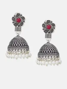 ATIBELLE German Silver Silver Plated Artificial Stones Oxidised Contemporary Jhumkas