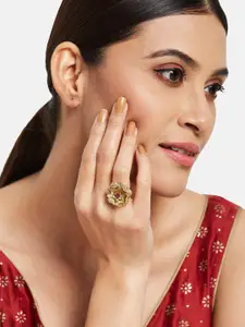 ATIBELLE Gold-Plated Kundan-Studded Finger Ring and Earrings Jewellery Set