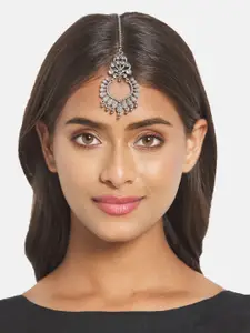 ATIBELLE Silver Plated Beaded Floral Textured Bangle With Maangtikka Jewellery Set