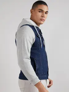 Campus Sutra Winter Wear Windcheater Colourblocked Hooded Cotton Denim Jacket