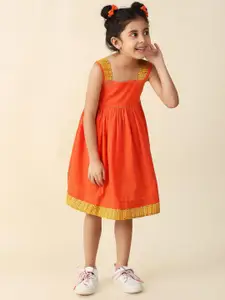 Fabindia Girls Shoulder Straps Gathered Cotton Fit & Flare Dress